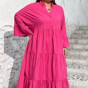 Hot Pink Cute Women's Vacation Casual Woven Loose A-List Plus Size Shirt